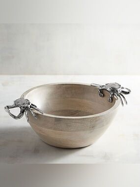 Pier 1 Import Retired Coastal Themed Wooden Serving Bowl W/ Silver Crab Handles